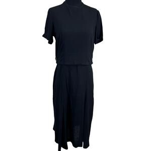 Vintage 1960s Black Linen Wiggle Dress with Original Belt Classic Cocktail Small